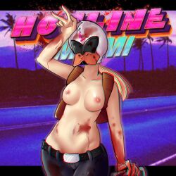  1girl 2015 alex_(hotline_miami_2) anaglyph arm_up backpack bag belt blonde_hair blood breasts female_focus hotline_miami hotline_miami_2 long_hair mask medium_breasts nipples no_bra orekifag outdoors solo topless w 