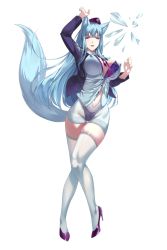  1girl animal_ears aqua_hair bad_id bad_pixiv_id breasts cleavage covered_erect_nipples full_body high_heels huge_breasts long_hair looking_at_viewer newface purple_eyes solo tail thighhighs transparent_background 