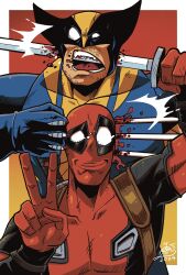  2boys animification artist_logo blood bodysuit claws commentary_request dated deadpool deadpool_(movie) deadpool_(series) highres katana looking_at_viewer male_focus marvel mask multiple_boys open_mouth red_bodysuit smile stab superhero_costume sword two-tone_bodysuit v very_hairy weapon wolverine_(x-men) x-men yellow_bodysuit yufo616 