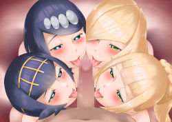  1boy 4girls absurdres blonde_hair blue_hair blush censored cooperative_fellatio creatures_(company) fellatio from_above game_freak gradient_background green_eyes hair_ornament hair_over_one_eye half-closed_eyes harem hetero highres lana&#039;s_mother_(pokemon) lana_(pokemon) lillie_(pokemon) long_hair lusamine_(pokemon) matching_hair/eyes mature_female mosaic_censoring mother_and_daughter multiple_girls nintendo nude oral oyakodon_(sex) penis pokemon pokemon_(anime) pokemon_sm_(anime) ponytail pov red_background short_hair toba_tsutsumi tongue tongue_out  rating:Explicit score:291 user:DarkToonLink