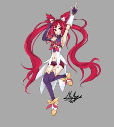  1girl alternate_costume alternate_hair_color alternate_hairstyle bare_shoulders belt black_gloves black_thighhighs bow elbow_gloves fingerless_gloves gloves hair_ornament highres jinx_(league_of_legends) league_of_legends lipstick long_hair magical_girl makeup red_bow red_eyes red_hair red_lips red_neckwear short_shorts shorts solo star_guardian_(league_of_legends) star_guardian_jinx thighhighs twintails very_long_hair  rating:Sensitive score:2 user:twilight_jester