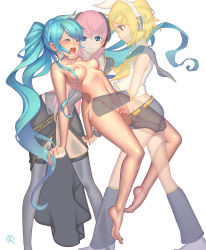  3girls aqua_hair barefoot belt blonde_hair blush breasts closed_eyes clothed_sex detached_sleeves drooling futa_with_female futanari hair_ornament hair_ribbon hairclip hatsune_miku highres holding_hands kagamine_rin long_hair medium_breasts megurine_luka megurine_luka_(vocaloid4) midriff moaning multiple_girls nail_polish nipples nude ohayou_girls open_mouth penis perky_breasts pink_hair pussy pussy_juice ribbon saliva see-through sex short_hair shorts simple_background smile tears thighhighs toenail_polish toenails transparent twintails uncensored vaginal very_long_hair vocaloid white_background 