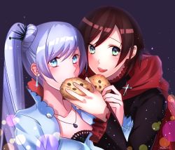 2girls bad_id bad_pixiv_id blush cookie cross earrings food highres jewelry looking_at_viewer multiple_girls necklace open_mouth ruby_rose rwby weiss_schnee rating:Sensitive score:17 user:danbooru