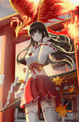  1girl absurdres bad_id bad_pixiv_id belt black_hair fire gohei highres holding japanese_clothes leaf long_hair looking_at_viewer maple_leaf miko original poise red_eyes ribbon shrine skirt solo standing suzaku temple torii white_legwear 