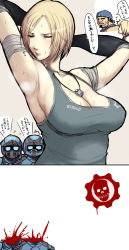 1girl 3boys anthony_carmine anya_stroud armpits arms_up bare_shoulders benjamin_carmine blonde_hair blood blush breasts cleavage closed_eyes death decapitation dog_tags elbow_gloves exploding_heads facial_hair gears gears_of_war gloves goatee helmet highres jewelry large_breasts lips marcus_fenix multiple_boys necklace no_bra partially_translated sawao short_hair sideboob smell steam sweat tank_top translation_request rating:Questionable score:97 user:thebatman