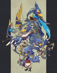  1boy age_progression arrow_(projectile) beak bird_boy blue_scarf bow_(weapon) braid closed_mouth drawing_bow full_body furry furry_male green_eyes grey_pants highres holding holding_bow_(weapon) holding_weapon male_focus nintendo open_mouth pants revali rito scarf talons the_legend_of_zelda the_legend_of_zelda:_breath_of_the_wild ukata waving weapon 