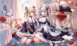  2girls absurdres azur_lane black_cat black_dress black_ribbon blonde_hair blue_eyes book bow breasts cat chair commentary_request crossover cup dead_or_alive dead_or_alive_5 detached_sleeves dress flower formidable_(azur_lane) frilled_sleeves frills grey_hair hair_ribbon highres indoors large_breasts long_sleeves looking_at_viewer marie_rose multiple_girls pantyhose pink_bow red_eyes red_flower red_rose ribbon rose sheya teacup thigh_strap twintails white_cat white_pantyhose wide_sleeves window  rating:Sensitive score:29 user:danbooru