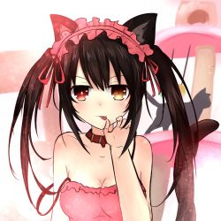  10s 1girl animal_ears black_hair breasts cat_ears cat_tail clock_eyes date_a_live female_focus headdress heterochromia highres looking_at_viewer red_eyes solo symbol-shaped_pupils tail tokisaki_kurumi upper_body yellow_eyes  rating:Questionable score:17 user:SayaWingX