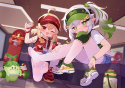 2girls ;d ahoge aranara_(genshin_impact) blonde_hair blue_shorts blush child closed_mouth commentary_request contemporary cross-shaped_pupils feet foot_focus foreshortening genshin_impact gradient_hair green_eyes green_hair green_headwear green_vest highres holding indoors klee_(genshin_impact) knee_pads knee_up legs pantyhose_under_shorts long_hair looking_at_viewer low_twintails multicolored_hair multiple_girls nahida_(genshin_impact) no_shoes one_eye_closed open_mouth pantyhose red_eyes red_footwear red_headwear red_vest revision shirt shoes unworn_shoes short_shorts short_sleeves shorts side_ponytail single_shoe sitting skateboard smile soles symbol-shaped_pupils toes tsubasa_tsubasa twintails vest visor_cap white_footwear white_hair white_pantyhose white_shirt rating:Sensitive score:154 user:danbooru