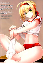  1girl :o ahoge barefoot blonde_hair blush braid breasts buruma clothes_lift clothes_pull cowboy_shot english_text fate/grand_order fate_(series) feet fingernails flying_sweatdrops french_braid green_eyes grey_background groin gym_shirt gym_uniform hair_between_eyes hair_bun hair_intakes hairband hard-translated headband highres looking_down medium_breasts midriff name_tag nero_claudius_(fate) nero_claudius_(fate)_(all) nero_claudius_(fate/extra) nero_claudius_(olympian_bloomers)_(fate) no_bra official_alternate_costume open_mouth pulled_by_self red_buruma ruton-niki scan shirt shirt_lift shirt_pull short_sleeves sidelocks simple_background single_hair_bun sitting soles solo steam sweat t-shirt thighs third-party_edit toes translated tsurime underboob underwear white_shirt 