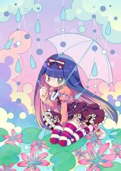  10s 1girl amimi bow colored_inner_hair dress flower frills green_eyes hair_bow kneeling multicolored_hair panty_&amp;_stocking_with_garterbelt rain solo stocking_(psg) striped_clothes striped_thighhighs thighhighs two-tone_hair umbrella water_drop  rating:Sensitive score:8 user:danbooru