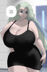  1girl asymmetrical_hair bare_arms bare_shoulders black_dress blue_eyes blue_hair breasts cleavage collarbone covered_erect_nipples cowboy_shot creatures_(company) curvy dress earrings english_text game_freak highres huge_breasts jewelry lips long_hair looking_at_viewer mature_female melony_(pokemon) multicolored_hair nintendo outdoors parted_lips pokemon pokemon_swsh roumgu silver_hair sleeveless solo speech_bubble text_focus thick_thighs thighs two-tone_hair wide_hips  rating:Questionable score:258 user:DarkToonLink