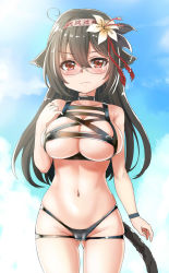 1girl ahoge animal_ears areola_slip bikini black_bikini black_hair black_panties blush breasts cameltoe cat_ears cat_girl cat_tail choker cleavage closed_mouth cloud collarbone covered_erect_nipples cowboy_shot day flower glasses gluteal_fold groin hair_flaps hair_flower hair_ornament hairband head_tilt highres large_breasts long_hair looking_at_viewer meme_attire navel original outdoors panties red_eyes rei_no_mizugi revision rimless_eyewear skindentation sky solo standing swimsuit tail underwear unname wavy_mouth wristband 