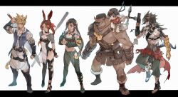  3boys 3girls aerith_gainsborough alternate_species alternate_universe animal_ears arm_cannon au_ra barret_wallace breasts cat_ears cleavage cloud_strife dragon_horns dragon_tail final_fantasy final_fantasy_vii final_fantasy_xiv furry furry_male highres horns hrothgar in-franchise_crossover lalafell mage_staff miqo&#039;te multiple_boys multiple_girls pelvic_curtain rabbit_ears roegadyn ryouto shuriken skirt smile standing sunglasses sword tail tifa_lockhart viera vincent_valentine weapon yuffie_kisaragi 