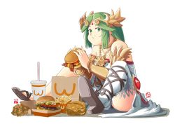 1girl ancient_greek_clothes automatic_giraffe breasts burger chiton dress eating food forehead_jewel french_fries green_eyes green_hair high_heels jewelry kid_icarus laurel_crown long_hair looking_at_viewer nintendo on_floor palutena pendant sandals single_thighhigh sitting solo strapless strapless_dress studiolg thighhighs vambraces white_thighhighs rating:Sensitive score:36 user:danbooru