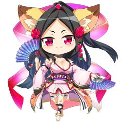  1girl animal_ear_fluff animal_ears barefoot black_hair blush breasts character_request chibi cleavage closed_mouth commentary_request cube_hair_ornament detached_sleeves flower folding_fan fox_ears fox_girl full_body hagoromo hair_flower hair_ornament hand_fan high_ponytail holding holding_fan hop_step_jumpers japanese_clothes kimono large_breasts lets0020 long_hair looking_at_viewer mole mole_under_eye obi pink_kimono pink_scarf pink_sleeves purple_sash red_eyes red_flower sash scarf shawl simple_background sleeveless sleeveless_kimono smile solo transparent_background 
