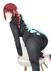  1girl absurdres ass bellone bent_over black_pants braid braided_ponytail chainsaw_man chair formal from_behind highres knee_up long_hair looking_at_viewer makima_(chainsaw_man) pants pantylines parted_lips red_hair ringed_eyes simple_background solo suit white_background yellow_eyes 