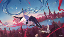 1girl animal armpits artist_name atdan backlighting bad_id bad_pixiv_id bird black_footwear black_thighhighs blue_eyes blue_hair blue_necktie boots bridge city city_lights eiffel_tower english_text feathered_wings floating_hair full_body grey_shirt hatsune_miku headgear headset high_heel_boots high_heels highres knees_up long_hair looking_at_viewer matching_hair/eyes morning necktie outstretched_arm parted_lips red_ribbon ribbon river shirt shooting_star sky sleeveless sleeveless_shirt solo spread_fingers star_(sky) starry_sky sun sunlight sunrise tareme thigh_boots thighhighs tower very_long_hair vocaloid water wings rating:Sensitive score:19 user:danbooru