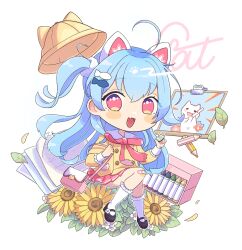  1girl :d ahoge animal_ears artist_name bag blue_hair blush bow bowtie buttons cat cat_ears chibi colored_pencil commentary_request crayon fang flower full_body gat-chan handbag holding holding_mahjong_tile igarashi_haruna long_hair long_sleeves looking_at_viewer mahjong mahjong_soul mahjong_tile medium_bangs miniskirt one_side_up open_mouth paper pencil pink_bow pink_bowtie pink_skirt pleated_skirt sailor_collar school_uniform serafuku shirt simple_background skin_fang skirt smile solo sunflower tenbou white_background white_cat white_sailor_collar yellow_flower yellow_shirt 