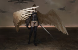  1girl aircraft airplane ammunition_belt bare_shoulders barren boots brown_hair choker claymore_(sword) cloud cloudy_sky corset covering_privates covering_eyes covering_face dark elbow_gloves gloves gun high_heels horizon jet johannes_voss lips long_hair machine_gun original panties photorealistic realistic shoes signature sky solo standing strap sunset sword thigh_boots thighhighs twilight underwear wasteland weapon white_wings wings  rating:Sensitive score:36 user:danbooru