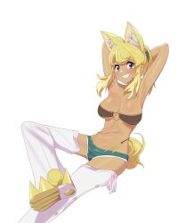  1girl animal_ear_fluff animal_ears arms_behind_head arms_up belt_bra blonde_hair blue_eyes blush boots breasts commentary dark-skinned_female dark_skin extra_ears eyelashes foot_out_of_frame hair_ornament hair_scrunchie large_breasts leaning_back liru long_hair maidforge navel paid_reward_available ponytail renkin_san-kyuu_magical_pokaan scrunchie sharp_teeth short_shorts shorts sidelocks simple_background sitting smile solo swept_bangs tail teeth thigh_boots torn_clothes torn_shorts white_background wolf_ears wolf_girl wolf_tail 