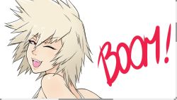  1girl ;d bakugou_mitsuki blonde_hair blush boku_no_hero_academia curvy fake_scrollbar from_behind hair_ornament highres looking_at_viewer looking_back mature_female mkonstantinov one_eye_closed open_mouth red_eyes short_hair simple_background smile solo spiked_hair sports_bra white_background 