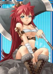 1girl axe bandages bandages_around_chest bandit belt belt_buckle between_legs blue_eyes bomb boots boulder breasts buckle cleavage double_sided_axe explosive fur_trim gacha great_axe hand_between_legs long_hair looking_at_viewer medium_breasts ponytail red_hair rock shinkai_no_valkyrie sitting sitting_on_rock skirt solo thick_thighs thighs trading_card tsundere valkyrie_crusade very_long_hair weapon