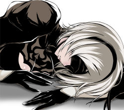  1girl black_dress black_hairband blindfold cleavage_cutout clothing_cutout covered_eyes dress hairband highres juliet_sleeves long_sleeves lying mole mole_under_mouth nier_(series) nier:automata on_side pecolondon puffy_sleeves silver_hair simple_background solo upper_body white_background 2b_(nier:automata) 