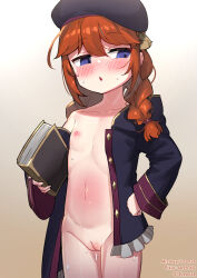  1girl beret black_hat black_jacket blue_eyes blush book braid brown_background cleft_of_venus commentary_request facing_viewer female_focus flat_chest gradient_background hat highres holding holding_book jacket leonat loli long_hair long_sleeves looking_to_the_side nipples open_clothes open_jacket orange_hair pixiv_id princess_connect! pussy solo standing sweat twitter_username yuni_(princess_connect!)  rating:Explicit score:135 user:danbooru