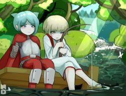  2boys alternate_costume armor armored_legwear belt_buckle blonde_hair blue_eyes blue_hair blush branch buckle bug bush butterfly cape chainmail child closed_mouth danganronpa_(series) danganronpa_another_episode:_ultra_despair_girls despair_sauce_(artist) dock feet feet_in_water fishing fishing_gear fishing_line fishing_pole fishing_rod flip-flops full_body gloves grass grey_eyes insect kemuri_jataro legs looking_away looking_down medium_hair multiple_boys nose open_mouth pale_skin parted_bangs pine_tree plate_armor red_cape red_gloves red_legwear red_trim river robe sandals shingetsu_nagisa sitting sitting_on_object sunlight tongue tree tree_shade water white_robe 