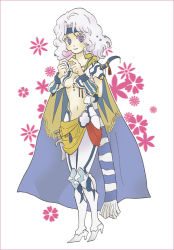  1990s_(style) 1girl armor cape cecil_harvey female_focus final_fantasy final_fantasy_iv full_body gender_request genderswap headband long_hair midriff purple_eyes rie_cho scarf shoulder_pads silver_hair solo white_background wristband 