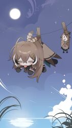  1girl ahoge brown_cape brown_cloak brown_hair cape cloak closed_eyes clothes_pin clothesline crossed_bangs feather_hair_ornament feathers gloves hair_between_eyes hair_ornament hairclip hanging highres hololive hololive_english hooman_(nanashi_mumei) long_hair multicolored_hair mumei_(song)_(hololive) nanashi_mumei nanashi_mumei_(1st_costume) ponytail school_of_fish sky star_(sky) starry_sky streaked_hair tongue tongue_out very_long_hair virtual_youtuber water whale xx_tk9 