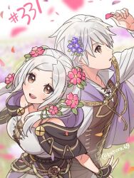  1boy 1girl brown_eyes cherry_blossoms fire_emblem fire_emblem_awakening fire_emblem_heroes flower from_above grey_hair hair_flower hair_ornament highres juria0801 looking_up nintendo official_alternate_costume open_mouth robin_(female)_(fire_emblem) robin_(female)_(valentine)_(fire_emblem) robin_(fire_emblem) robin_(male)_(fire_emblem) robin_(male)_(valentine)_(fire_emblem) smile twintails twitter_username upper_body 