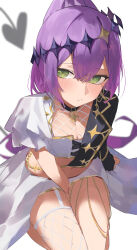  1girl absurdres asymmetrical_clothes averting_eyes between_legs breasts choker cleavage closed_mouth demon_girl demon_tail earrings fishnets gold_trim green_eyes half-skirt hand_between_legs highres hololive jewelry long_hair nagiushi official_alternate_costume ponytail purple_hair simple_background small_breasts solo tail tokoyami_towa tokoyami_towa_(break_your_xxx) virtual_youtuber white_background 