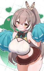  1girl alternate_breast_size alternate_costume breasts brown_eyes brown_hair cheerleader cleavage cleavage_cutout clothing_cutout crop_top hair_ornament hairclip highres hololive hololive_english kani_bonara large_breasts long_hair looking_at_viewer midriff nanashi_mumei navel pom_pom_(cheerleading) ponytail sleeveless smile solo sweat thick_thighs thighs virtual_youtuber 