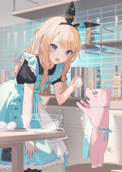  1girl alice_(alice_in_wonderland) alice_in_wonderland animal black_hairband black_shirt blonde_hair blue_dress blue_ribbon bottle bowl buttons clothed_animal commentary cooking_pot counter dress egg frilled_dress frills giving glass_bowl hairband highres holding holding_egg indoors jar kitchen leaning_forward long_hair open_mouth pepper_mill piglet pinafore_dress purple_eyes qr_code ribbon ribbon-trimmed_dress shelf shirt short_sleeves sleeveless sleeveless_dress smile standing table tile_wall tiles wakuseiy wine_bottle 