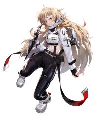  1girl artist_request asteria_(final_gear) black_gloves black_pants blonde_hair breasts buckle closed_mouth collar final_gear full_body gloves highres holding holding_weapon light_frown long_hair long_sleeves messy_hair midriff number_print official_art pants partially_fingerless_gloves red_eyes serious shoes simple_background solo striped_clothes striped_pants tachi-e third-party_source tight_clothes tight_pants transparent_background two-tone_pants vertical-striped_clothes vertical-striped_pants very_long_hair weapon white_collar white_footwear white_sleeves white_stripes 
