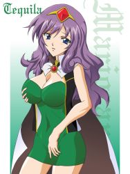  00s 1girl blue_eyes blush breasts cape character_name circlet cleavage dress eagle41 galaxy_angel galaxy_angel_rune large_breasts long_hair purple_hair solo tequila_marjoram 