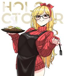  1girl apron black_apron breasts commentary cowboy_shot earrings english_commentary food fork fried_egg glasses hairband highres holding holding_fork holding_plate hololive hololive_indonesia jewelry kaela_kovalskia large_breasts leaning_back mii_rza no_pants noodles plate red_hairband red_nails red_sweater ribbed_sweater sleeves_past_wrists smile solo stud_earrings sweater virtual_youtuber  rating:Sensitive score:3 user:danbooru