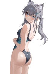  1girl absurdres animal_ear_fluff animal_ears ass blue_archive blue_eyes breasts grey_hair hair_between_eyes hair_ornament hairclip highres long_hair shiroko_(blue_archive) shiroko_(swimsuit)_(blue_archive) sideboob simple_background summer_(724788381) twintails white_background wolf_ears 