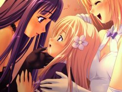  3girls :d ^_^ age_difference blonde_hair bow breasts choker cleavage closed_eyes cocktail_dress coulommier dress elbow_gloves eye_contact fang feta_(ricotte) flower formal game_cg gloves hair_flower hair_ornament happy kiss loli looking_at_another multiple_girls nonohara_miki onee-loli open_mouth purple_eyes purple_hair red_eyes ricotte ricotte_~alpenbul_no_utahime~ saliva saliva_trail smile yuri  rating:Questionable score:127 user:danbooru