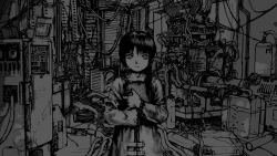  1990s_(style) 1girl abe_yoshitoshi asymmetrical_hair belt book bubble cable highres holding holding_book hose indoors iwakura_lain long_sleeves monochrome serial_experiments_lain short_hair solo  rating:Sensitive score:15 user:Tutooroo