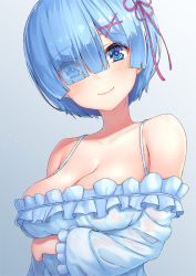  10s 1girl alternate_costume arm_under_breasts bare_shoulders blue_background blue_dress blue_eyes blue_hair blush breast_hold breasts cleavage closed_mouth collarbone commentary_request dress eyes_visible_through_hair frilled_dress frilled_sleeves frills gradient_background hair_ornament hair_over_one_eye hair_ribbon hairclip head_tilt long_sleeves looking_at_viewer medium_breasts off-shoulder_dress off_shoulder pensuke pink_ribbon re:zero_kara_hajimeru_isekai_seikatsu rem_(re:zero) ribbon short_hair smile solo upper_body x_hair_ornament  rating:Sensitive score:17 user:danbooru