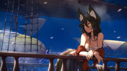  1girl ahoge aircraft airship animal_ear_fluff animal_ears bare_shoulders blue_sky breasts cleavage collarbone commentary day ear_piercing english_commentary hair_between_eyes kate-fox leaning_forward looking_at_viewer medium_breasts orange_eyes original outdoors pants parted_lips piercing railing sarashi sky solo striped_clothes striped_pants tail vertical-striped_clothes vertical-striped_pants 