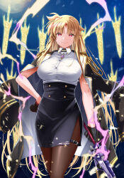 1girl black_coat black_gloves black_skirt blonde_hair breasts closed_mouth coat coat_on_shoulders commentary_request epaulettes fate_testarossa gloves highres jewelry large_breasts long_hair looking_at_viewer lyrical_nanoha magic mahou_shoujo_lyrical_nanoha_strikers pantyhose pendant red_eyes shirt skirt smile solo sougetsu_izuki standing very_long_hair white_shirt 