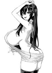  1girl asanagi ass back backless_dress backless_outfit bare_shoulders blush breasts butt_crack dress greyscale highres huge_breasts long_hair looking_at_viewer looking_back meme_attire monochrome open_mouth original sideboob sidelocks smile solo thighhighs thighs virgin_killer_sweater  rating:Questionable score:89 user:danbooru