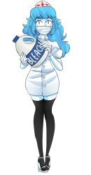  1girl bleach blue_hair breasts cure-chan dress female_focus full_body gloves hat high_heels highres latex latex_gloves long_hair mouth_mask nurse nurse_cap original personification simple_background solo surgical_mask thighhighs  rating:Sensitive score:2 user:waro