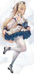 1girl absurdres alternate_costume bad_anatomy barbara_(genshin_impact) bare_shoulders belt blonde_hair blue_bow blush bow breasts brown_belt brown_ribbon commentary_request cosplay detached_collar detached_sleeves dress dress_bow eyepatch fischl_(genshin_impact) frilled_dress frills from_side full_body genshin_impact green_eyes hair_ornament hair_over_one_eye hair_ribbon has_bad_revision has_downscaled_revision hat highres leg_up long_hair long_sleeves looking_at_viewer md5_mismatch medium_breasts open_mouth pantyhose resolution_mismatch ribbon skirt_hold solo source_smaller thighs torriet two_side_up very_long_hair white_bow white_dress white_hat white_pantyhose rating:Sensitive score:71 user:danbooru