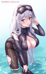  armpit_cutout artist_name azur_lane black_wetsuit bodysuit breasts cleavage cleavage_cutout clothing_cutout diving_mask diving_mask_on_head diving_suit enterprise_(azur_lane) enterprise_(diving_under_blue_skies)_(azur_lane) flippers goggles goggles_on_head hand_up leaning_forward long_hair official_alternate_costume open_wetsuit pantyhose partially_submerged patreon_username sebu_illust swim_goggles torn_clothes torn_pantyhose wet wetsuit white_hair 