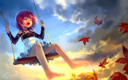 1girl autumn_leaves barefoot closed_eyes cloud dress feet flower hair_flower hair_ornament highres jewelry leaf loli no_panties observerz open_mouth original outdoors panties pendant pink_hair public_indecency short_hair sky smile soles solo striped_clothes striped_panties sunset swing toes underwear wallpaper rating:Questionable score:36 user:AlmaNegra